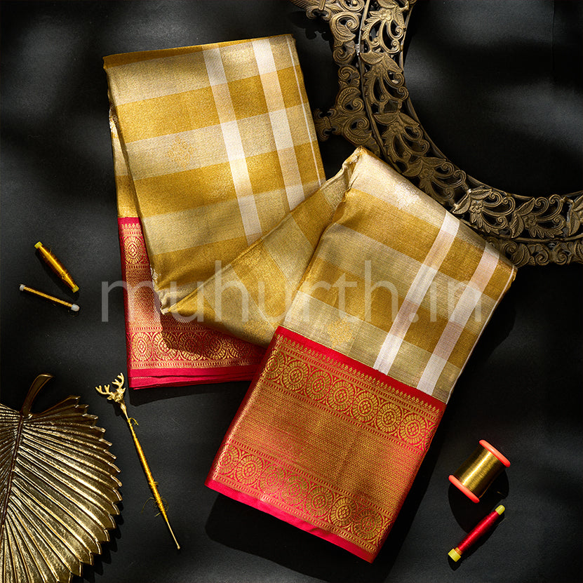 Kanjivaram Jarigai Tissue Silk Saree with Bright Red