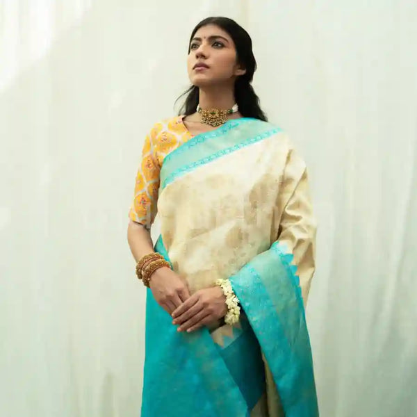 Off White Kanjivaram Silk Saree with Ananda