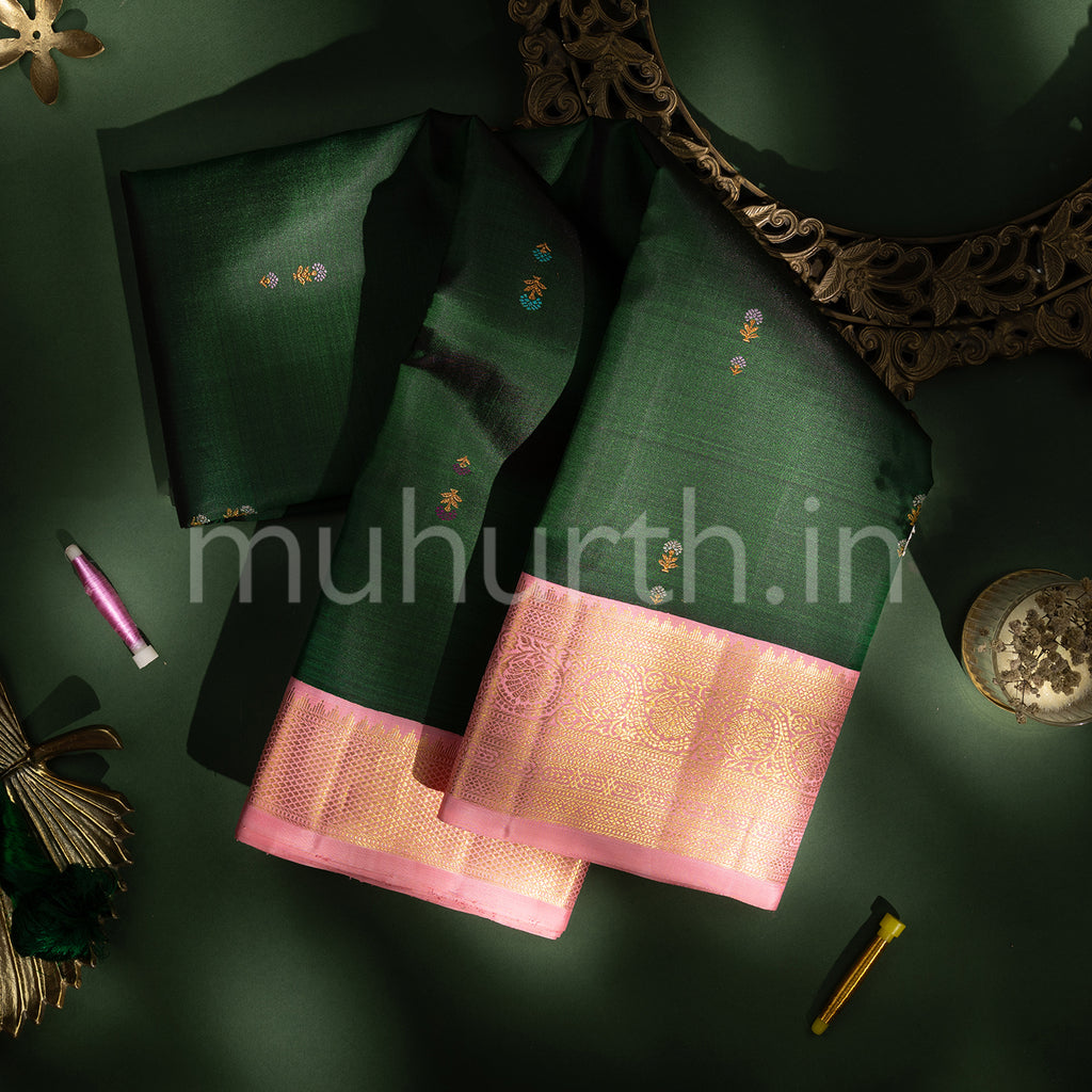Kanjivaram Dark Green Silk Saree with Pink