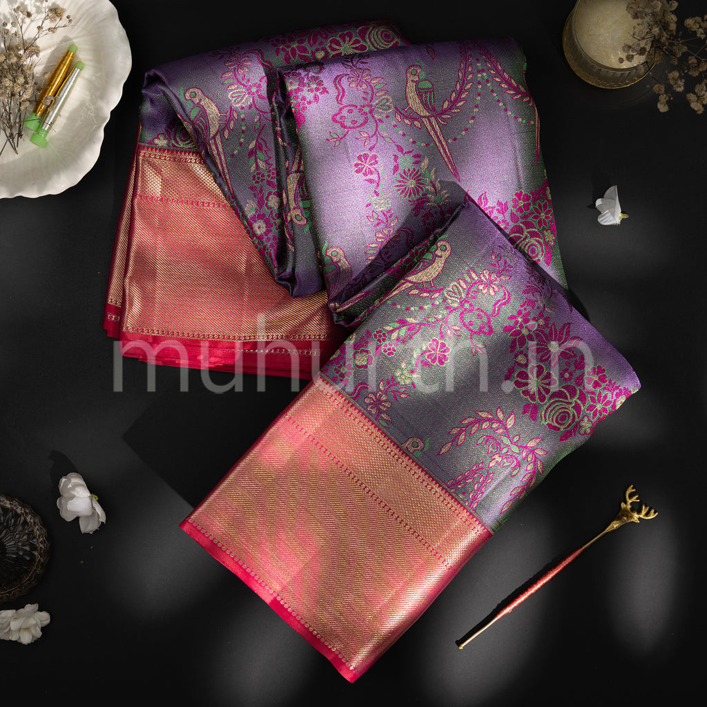 Mauve and Magenta Kanjivaram Silk Saree with Peach