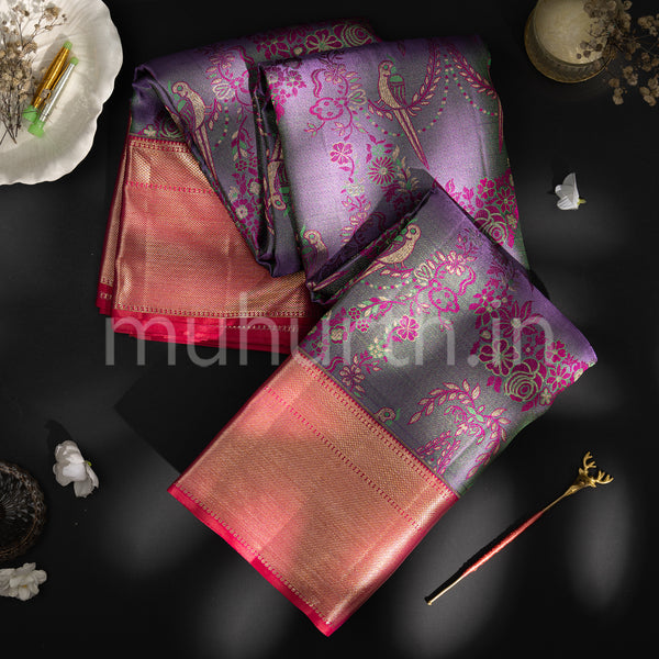 Mauve and Magenta Kanjivaram Silk Saree with Peach