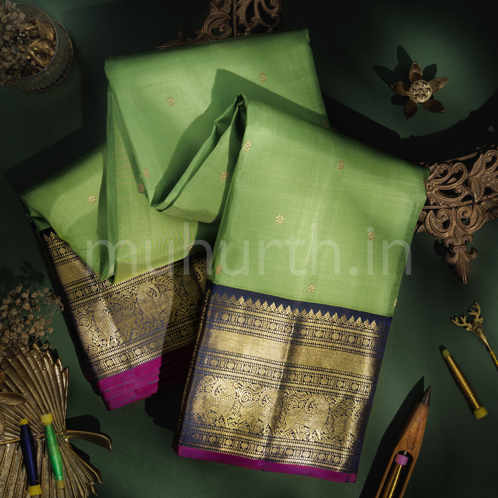 Elaichi Pure Zari Kanjivaram Silk Saree with Vijaya