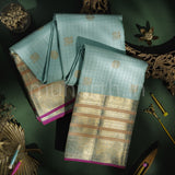 Sea Green Pure Zari Kanjivaram Silk Saree with Brown