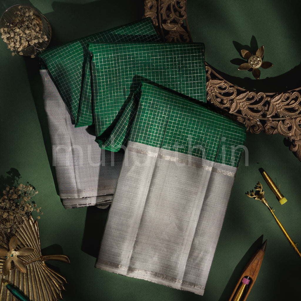 Dark Green Pure Kanjivaram Silk Saree with Grey