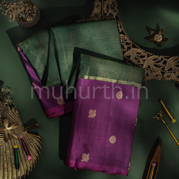 Green Pure Kanjivaram Silk Saree with Magenta