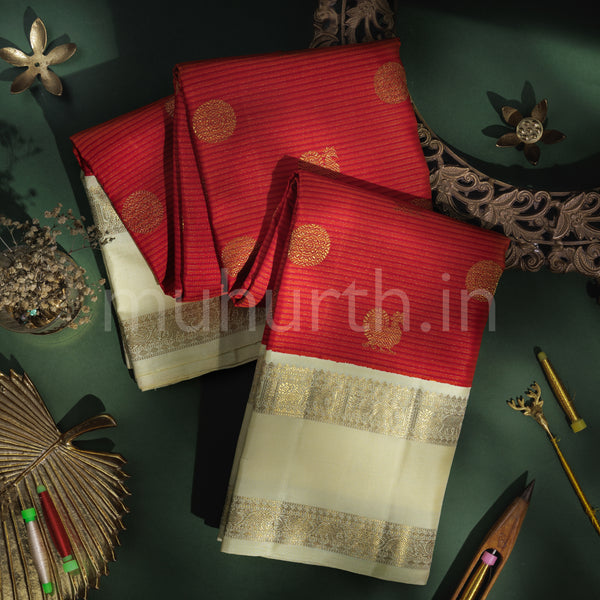 Bright Red Pure Zari Vaira-Oosi Kanjivaram Silk Saree with Off- White