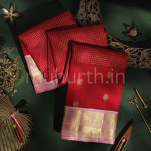 Load image into Gallery viewer, Bright Red Pure Kanjivaram Silk Saree with Peach
