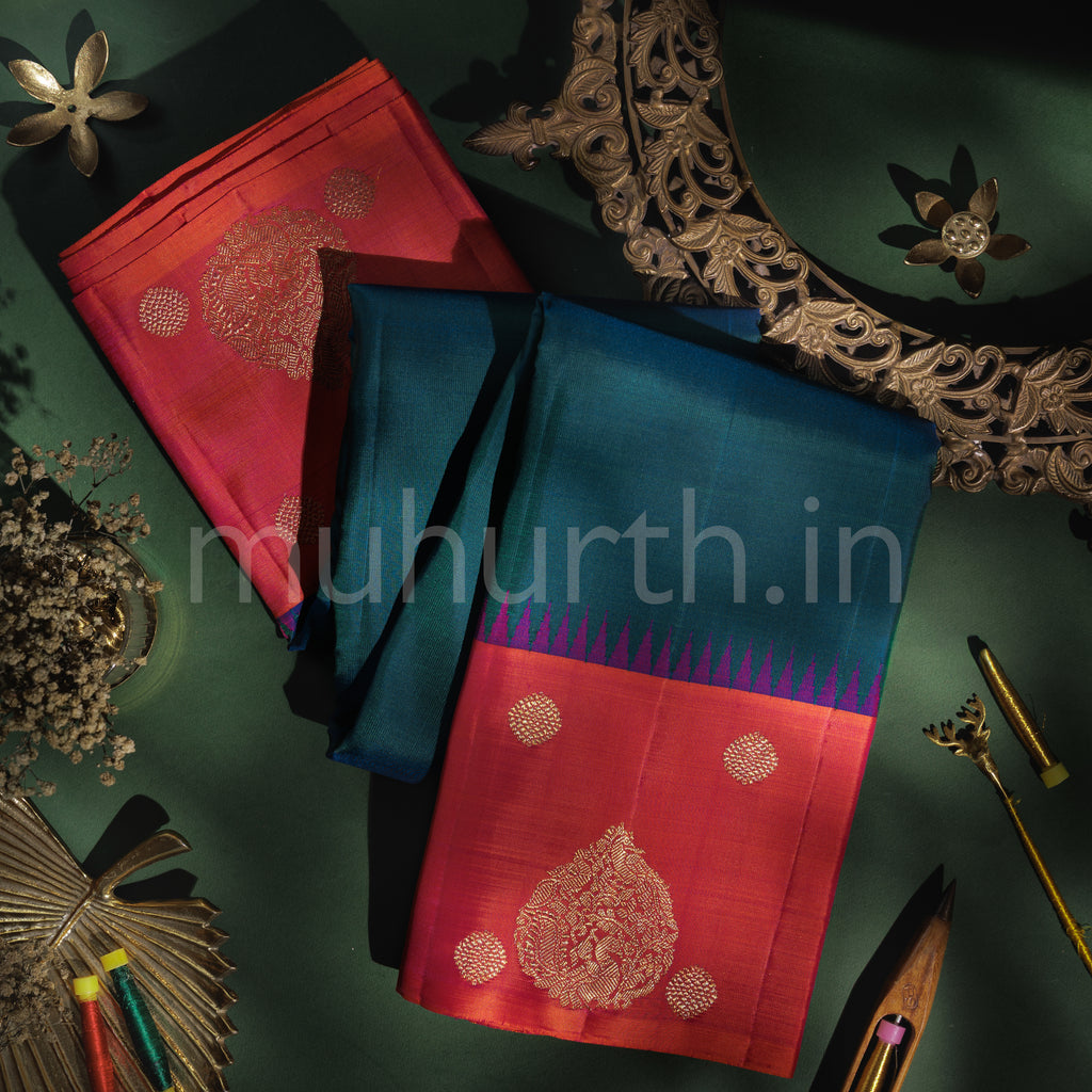 Peacock Green Pure Kanjivaram Silk Saree with Rose Orange