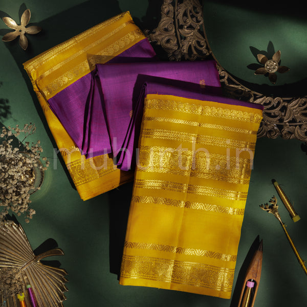 Magenta Pure Kanjivaram Silk Saree with Golden Mustard