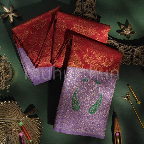Bright Red Luxury Kanjivaram Silk Saree with Lavender