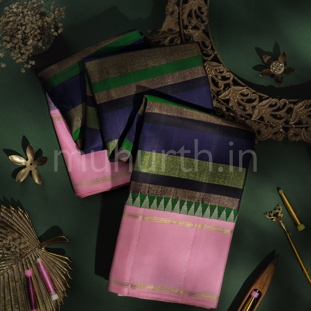 Multi Colour Pure Kanjivaram Silk Saree with Pink