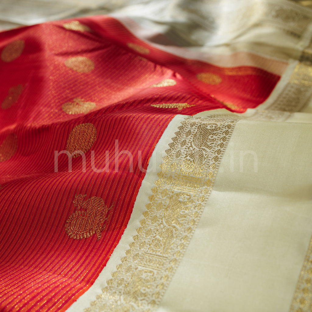 Bright Red Pure Zari Vaira-Oosi Kanjivaram Silk Saree with Off- White