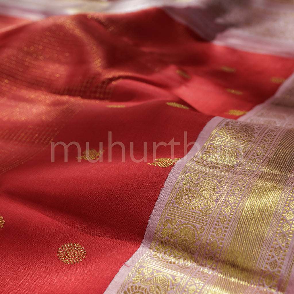 Bright Red Pure Kanjivaram Silk Saree with Peach