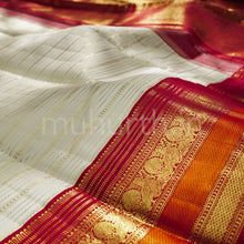 Load image into Gallery viewer, Off- White Veldhari Pure Kanjivaram Silk Saree with Bright Red