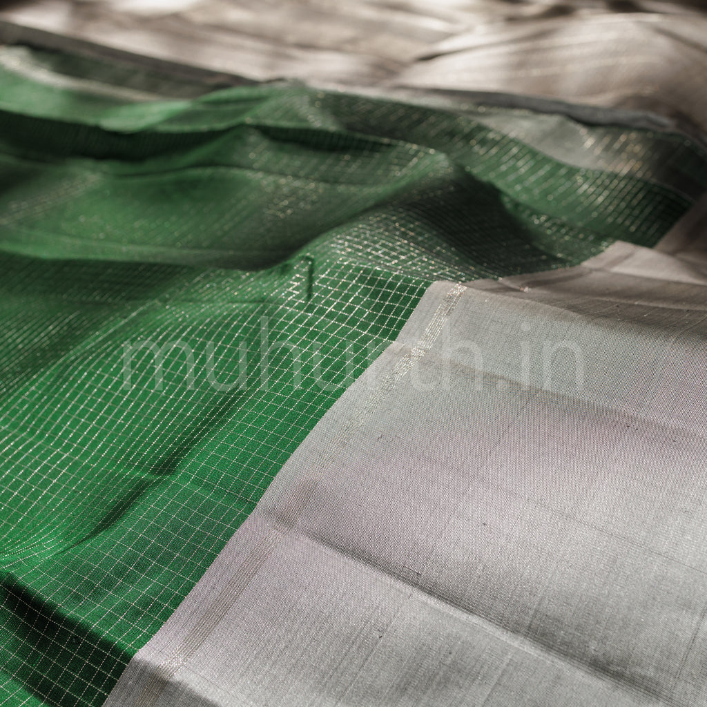 Dark Green Pure Kanjivaram Silk Saree with Grey