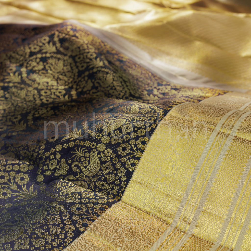 Black Pure Kanjivaram Silk Saree with Tussar White