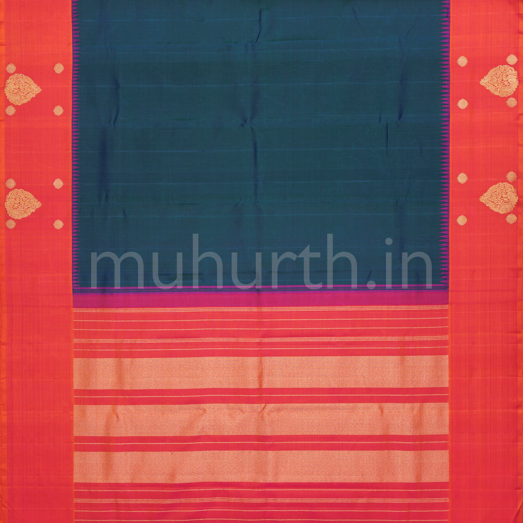Peacock Green Pure Kanjivaram Silk Saree with Rose Orange
