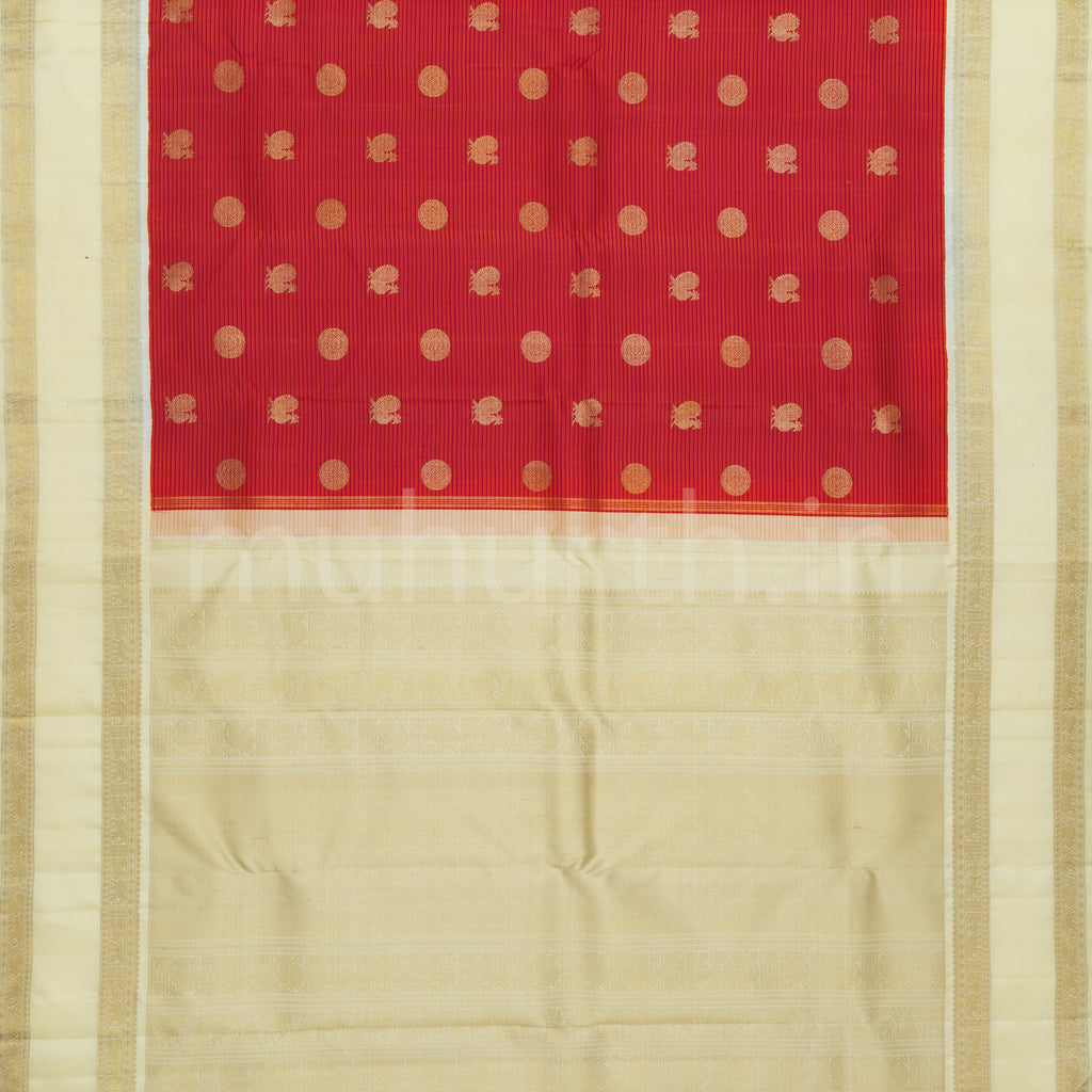Bright Red Pure Zari Vaira-Oosi Kanjivaram Silk Saree with Off- White