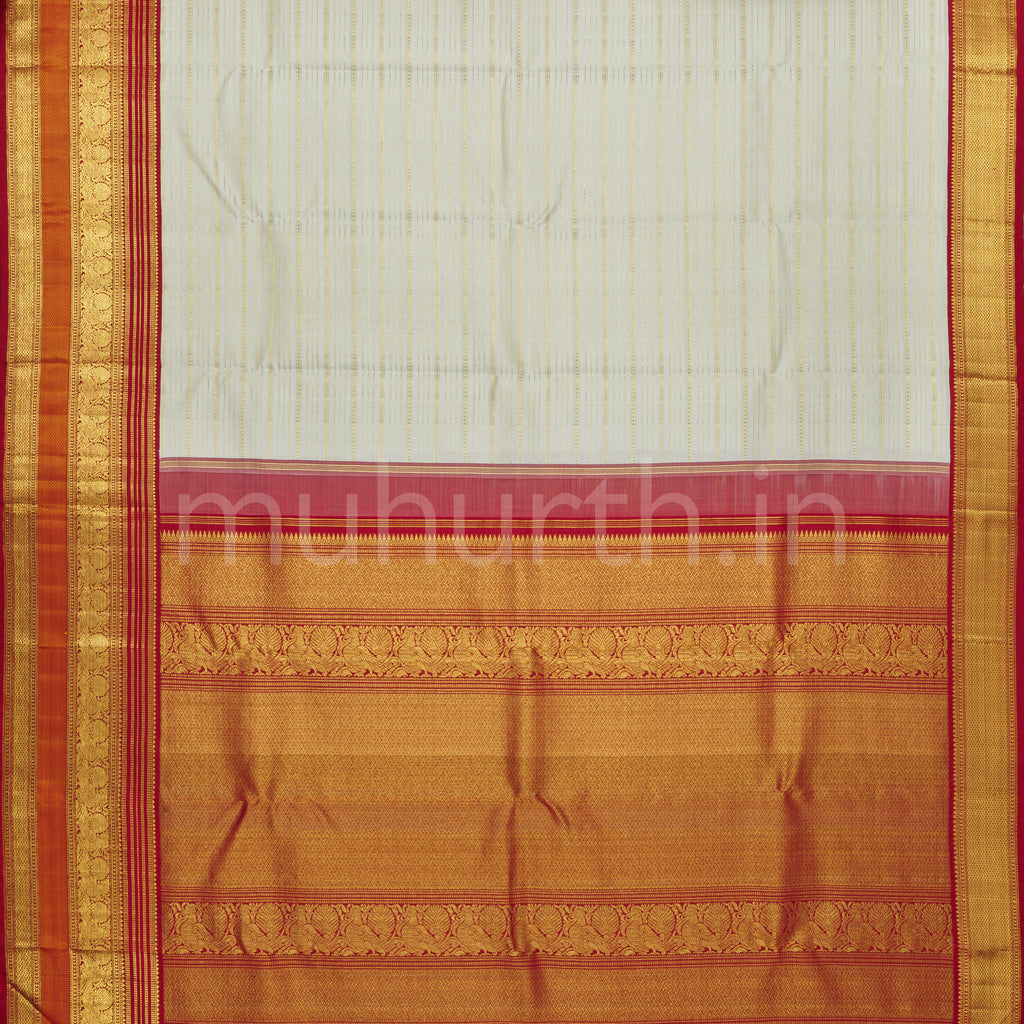 Off- White Veldhari Pure Kanjivaram Silk Saree with Bright Red
