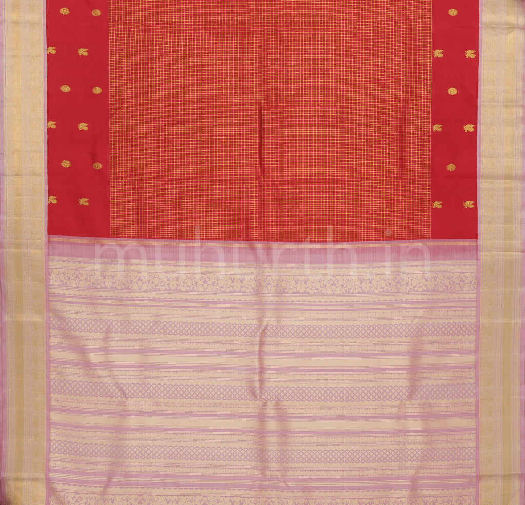Bright Red Pure Kanjivaram Silk Saree with Peach