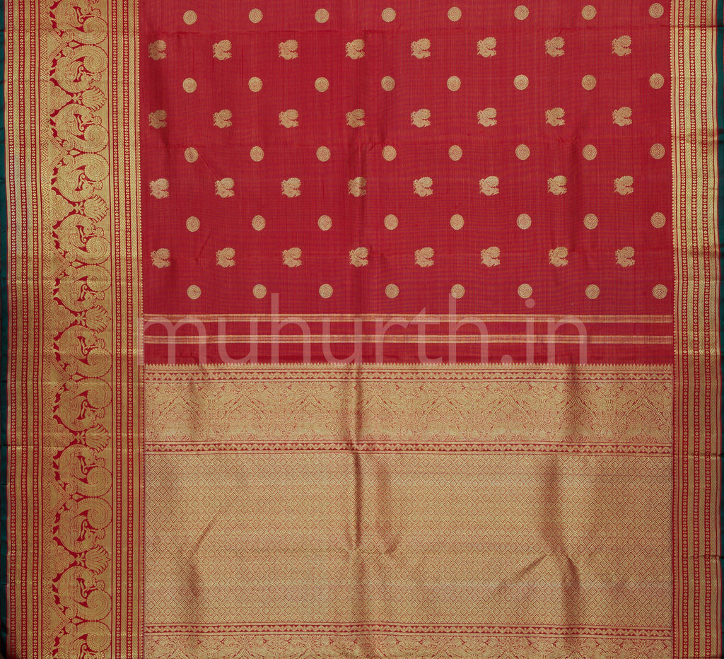 Bright Red Pure Kanjivaram Silk Saree with Green