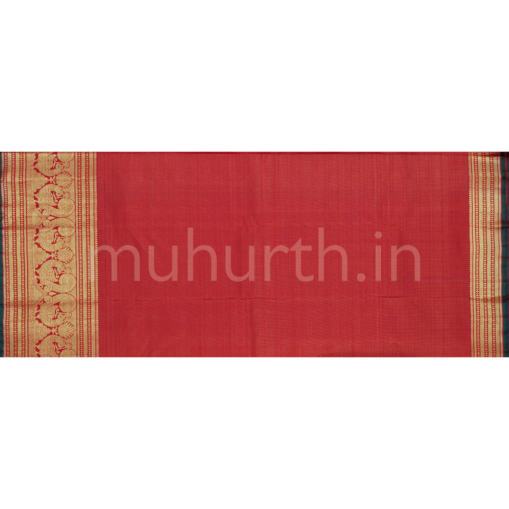 Bright Red Pure Kanjivaram Silk Saree with Green