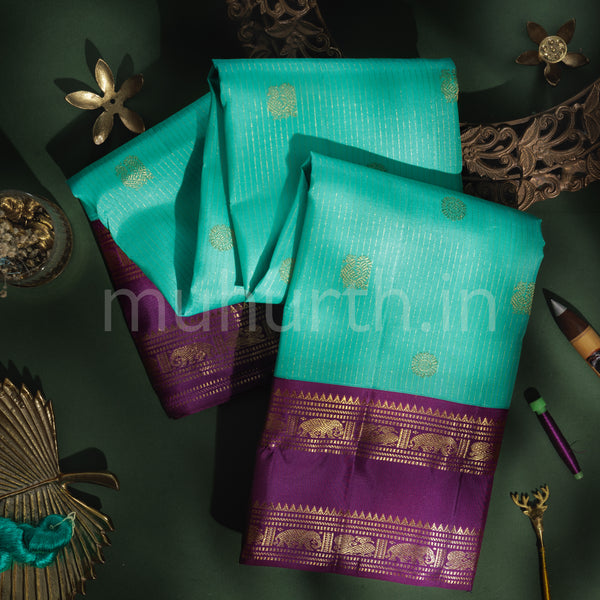 Ananda Blue Pure Zari Kanjivaram Silk Saree with Magenta