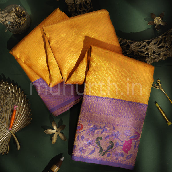 Orange Pure Kanjivaram Silk Saree with Lavender