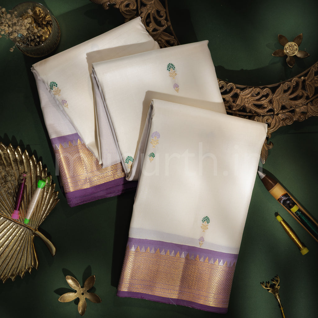 Off-White Pure Kanjivaram Silk Saree with Lavender