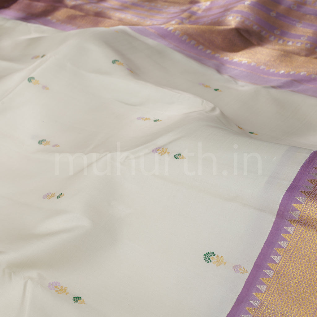 Off-White Pure Kanjivaram Silk Saree with Lavender