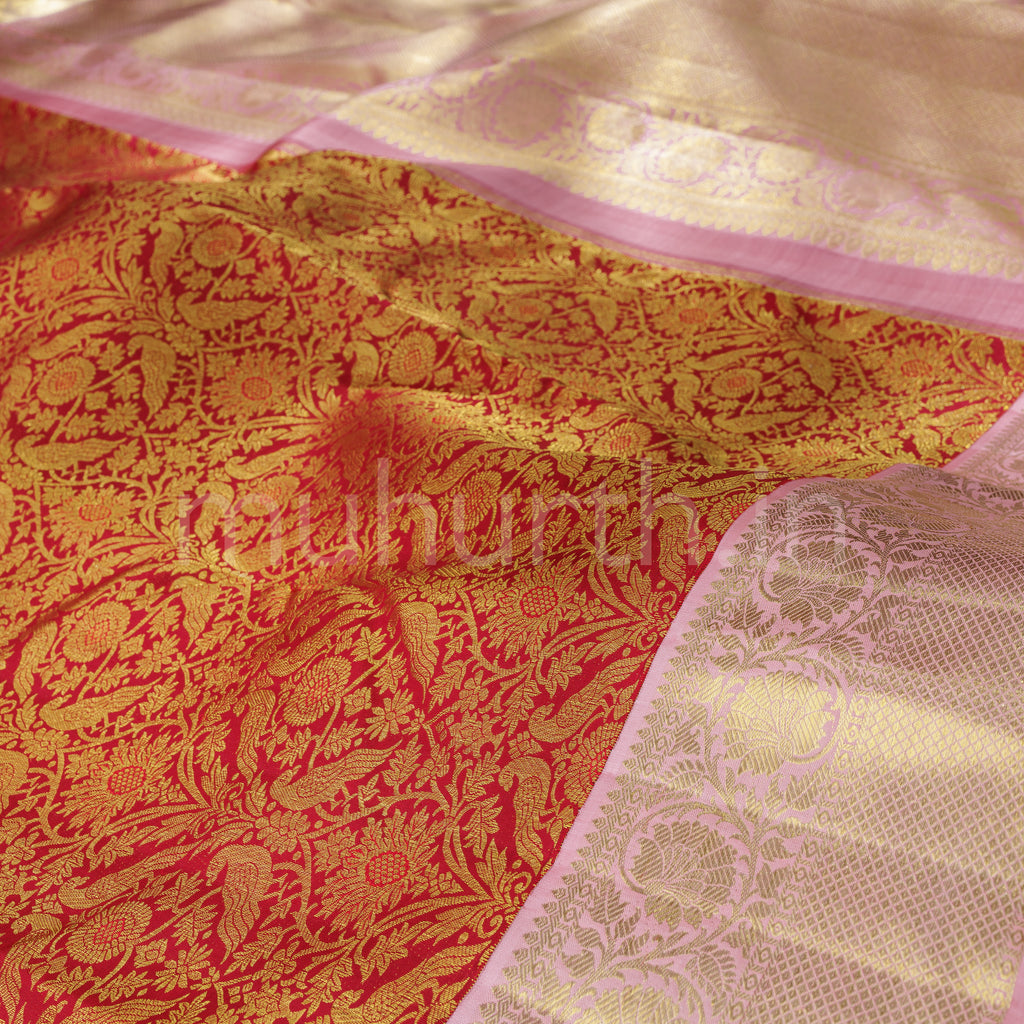 Red Pure Kanjivaram Silk Saree with Peach