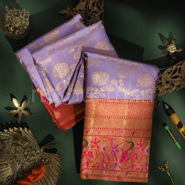 Lavender Pure Kanjivaram Silk Saree with Red