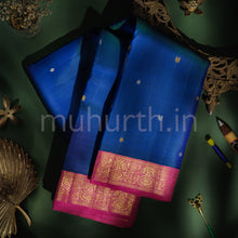 Load image into Gallery viewer, Peacock Blue Pure Kanjivaram Silk Saree with Rose