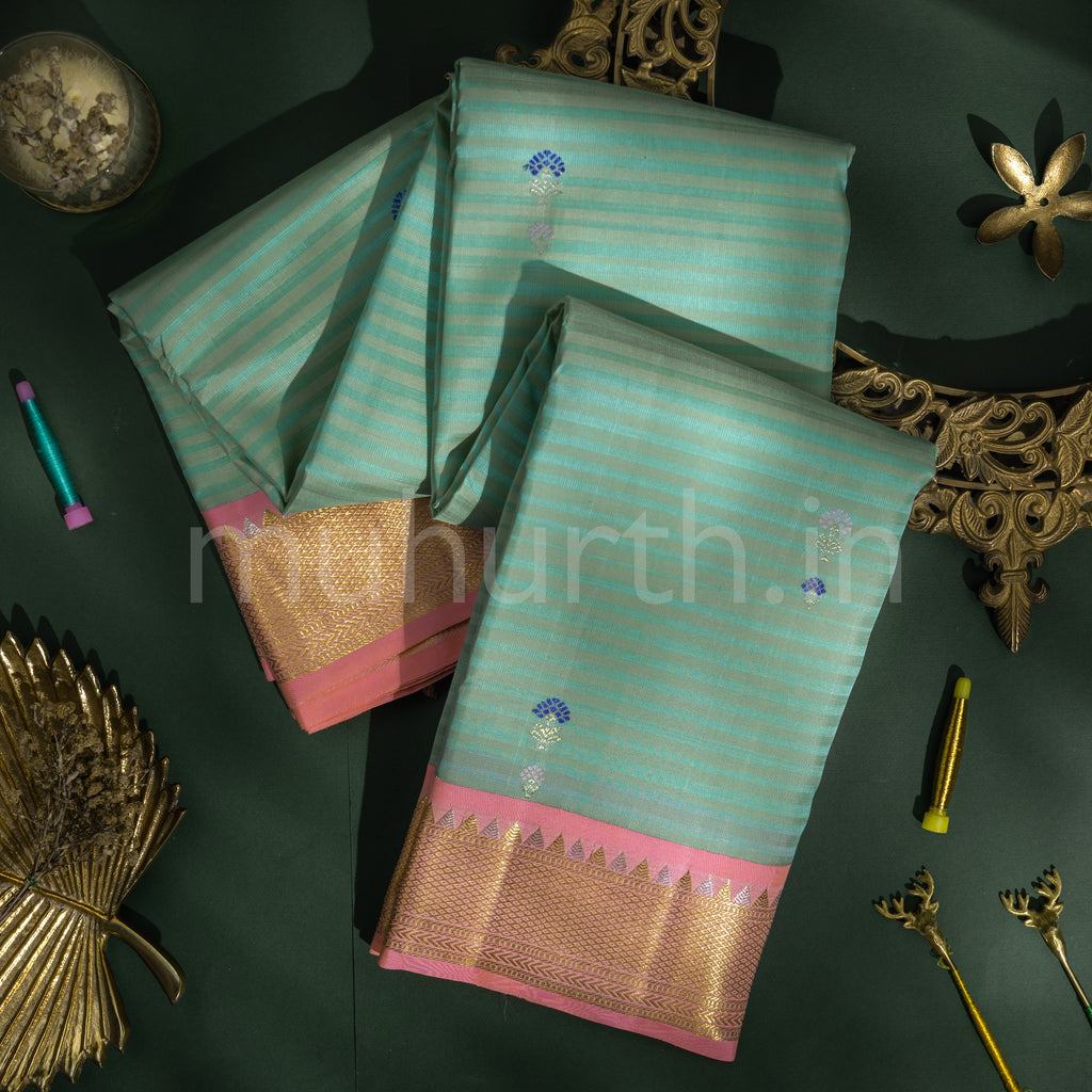 Sea Green Pure Kanjivaram Silk Saree with Light Pink