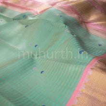 Load image into Gallery viewer, Sea Green Pure Kanjivaram Silk Saree with Light Pink