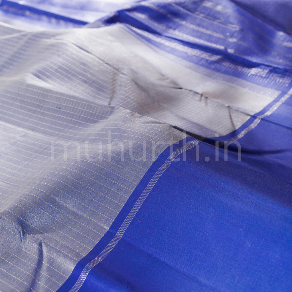 Grey Pure Kanjivaram Silk Saree with Ananda Blue