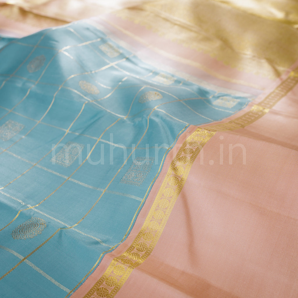 Powder Blue Pure Zari Kanjivaram Silk Saree with Light Peach