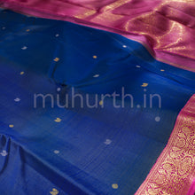 Load image into Gallery viewer, Peacock Blue Pure Kanjivaram Silk Saree with Rose