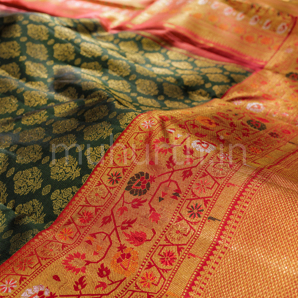 Deep Green Meenakari Luxury Kanjivaram Silk Saree with Red