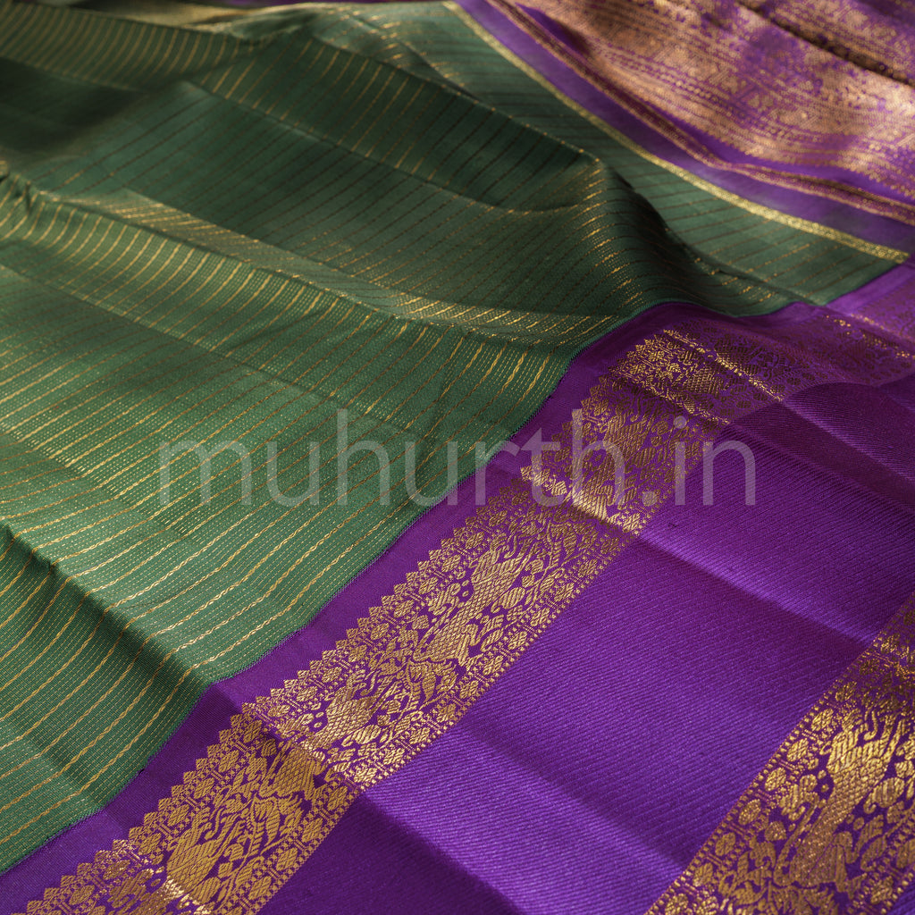 Green Veldhari Pure Zari Kanjivaram Silk Saree with Magenta