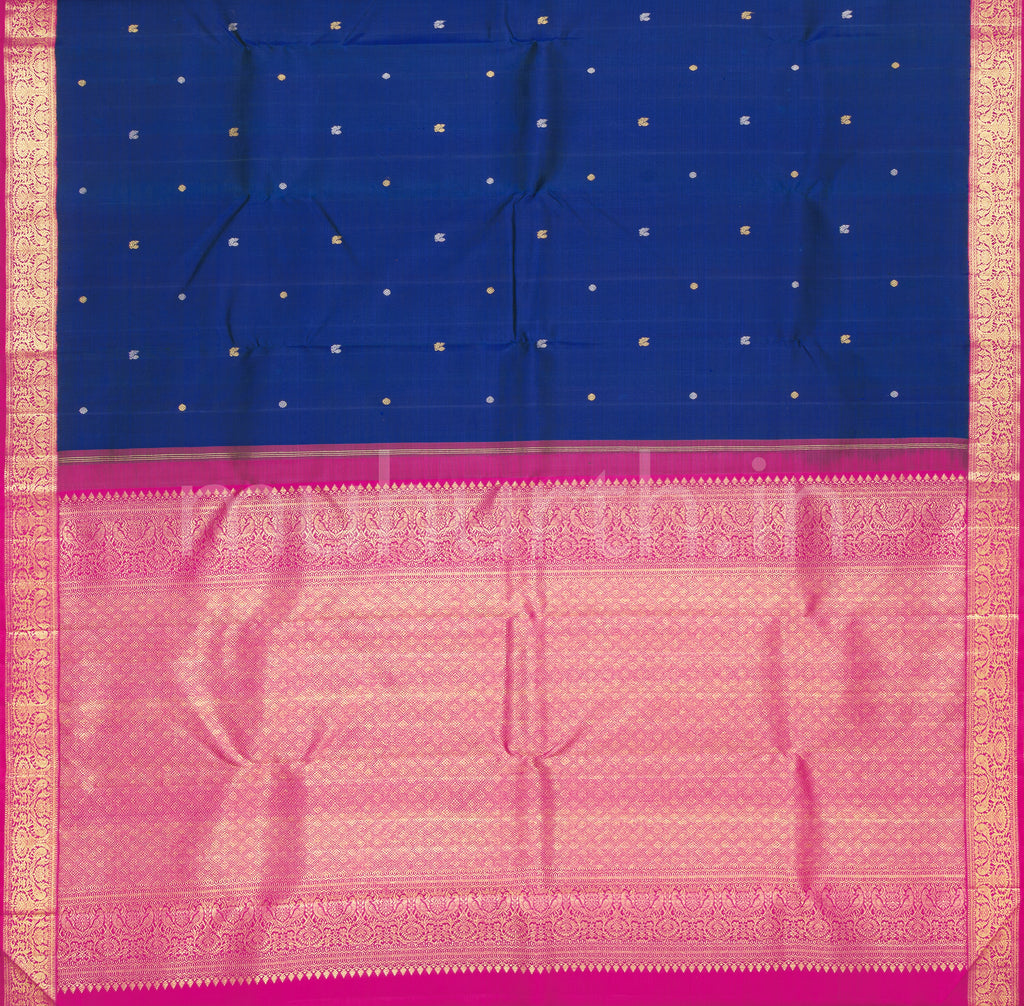 Peacock Blue Pure Kanjivaram Silk Saree with Rose