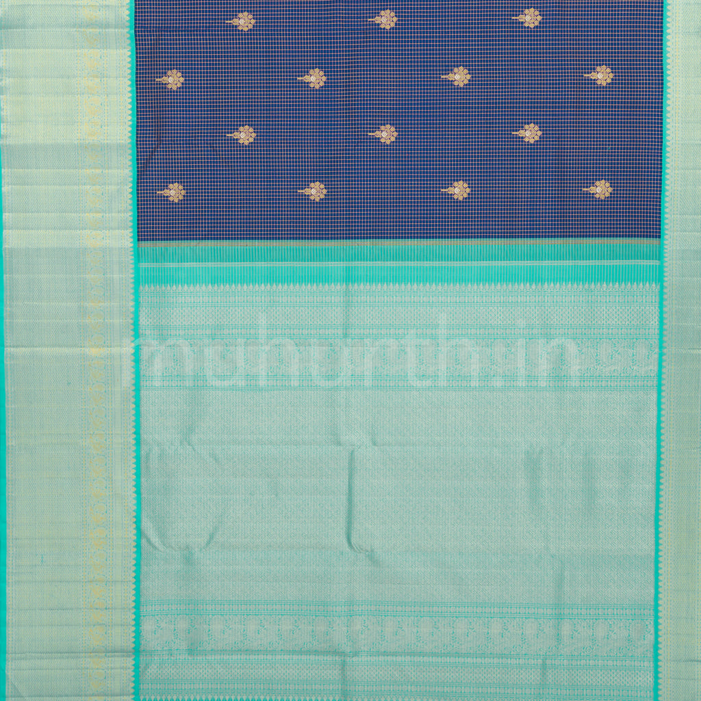 Vijaya Blue Vaira Oosi Checks Pure Kanjivaram Silk Saree with Ananda Blue