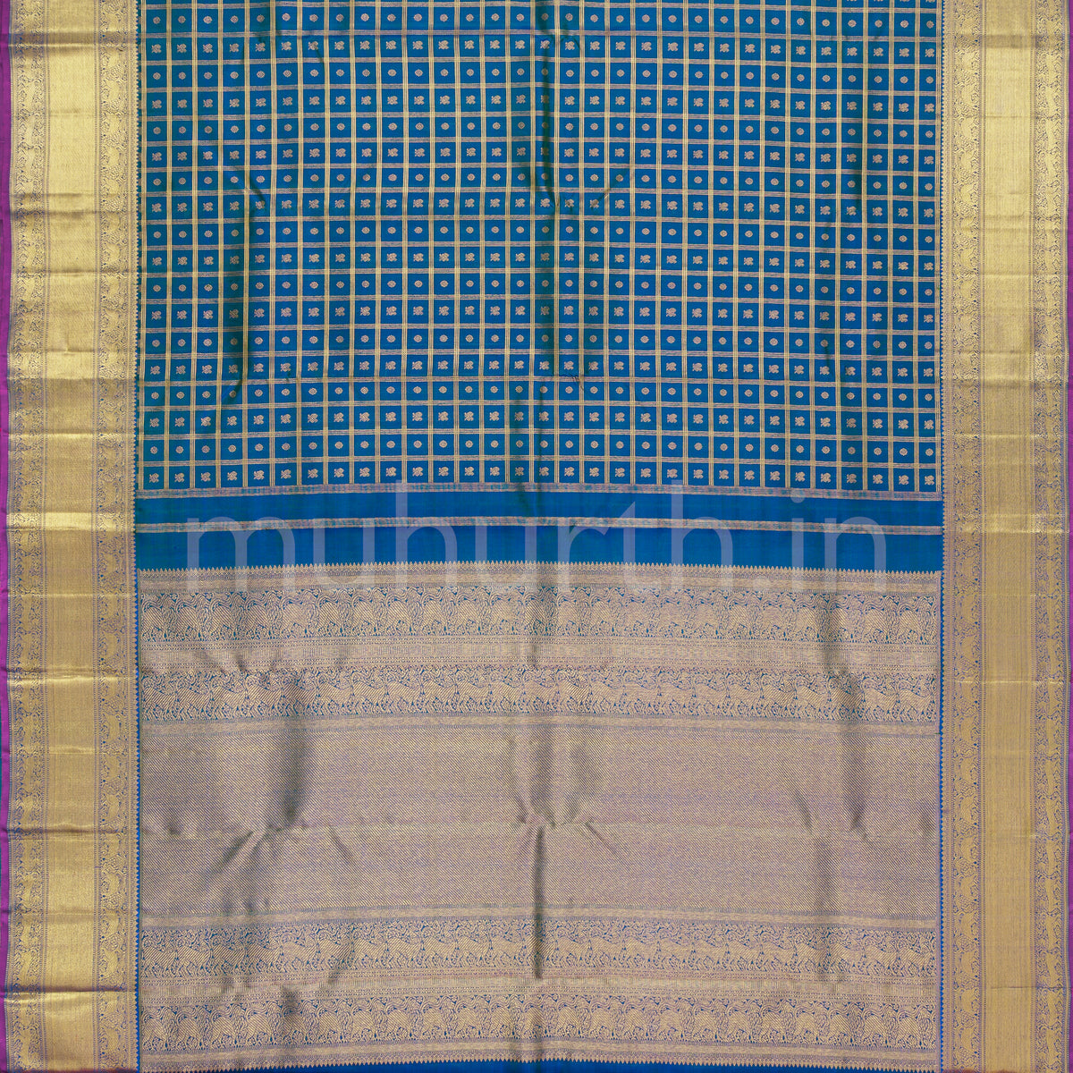 Peacock Blue Muthu-Kattam Pure Zari Kanjivaram Silk Saree  Muhurth