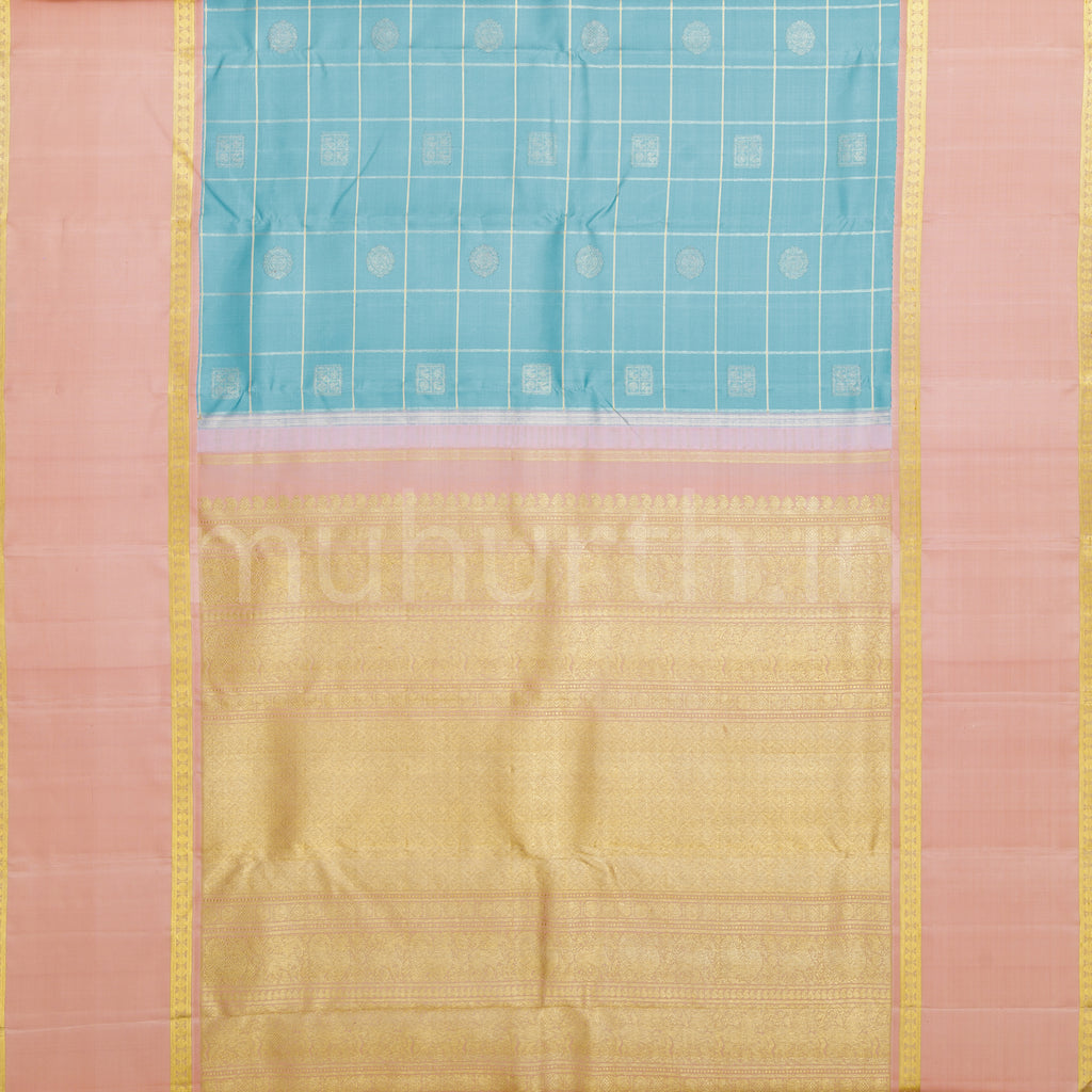 Powder Blue Pure Zari Kanjivaram Silk Saree with Light Peach