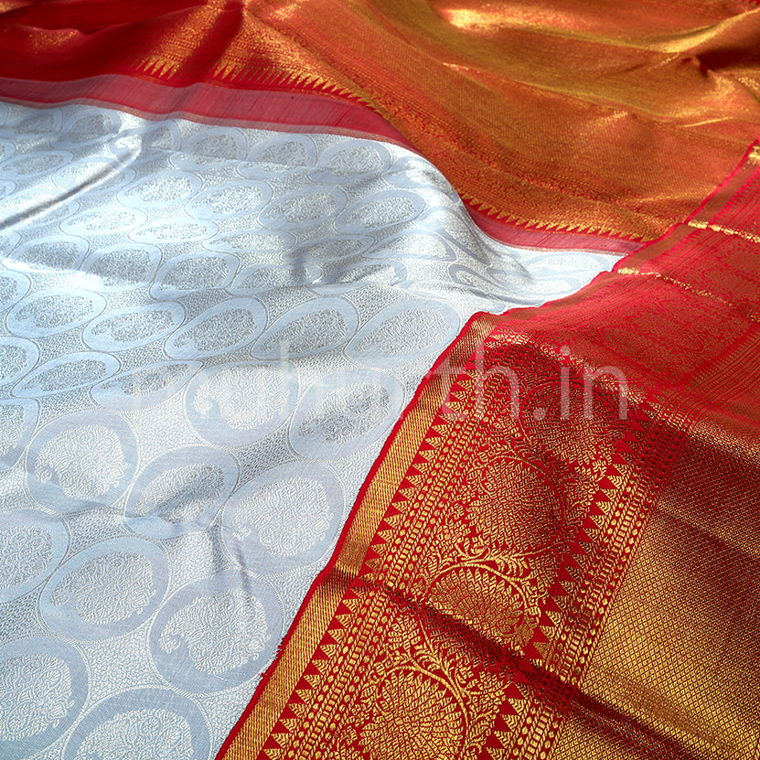 Kanjivaram Silver Grey with Crimson Red Silk Saree