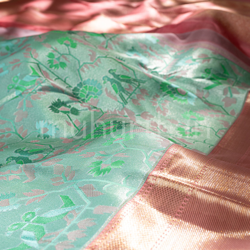 Kanjivaram Sea Green Silk Saree with Peach
