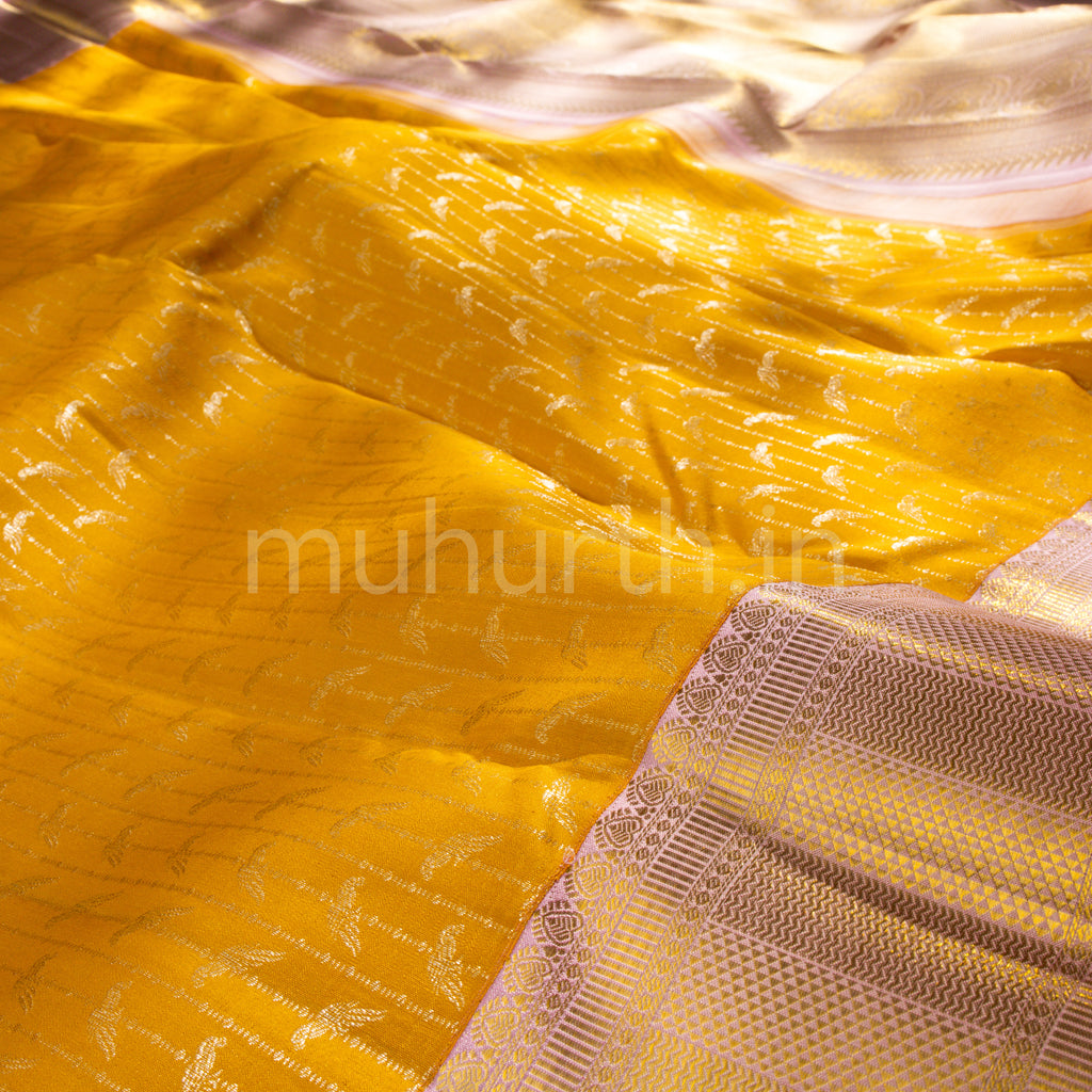 Mango Yellow Kanjivaram Silk Saree with Light Pink