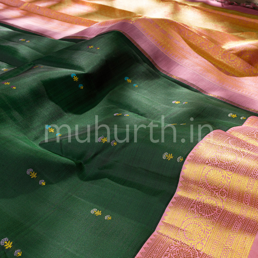 Kanjivaram Dark Green Silk Saree with Pink