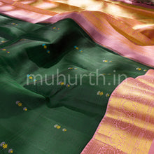 Load image into Gallery viewer, Kanjivaram Dark Green Silk Saree with Pink