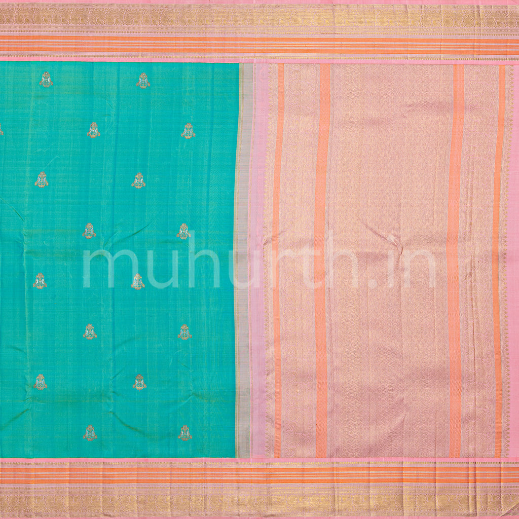 Kanjivaram Sea Green Silk Saree with Bright Pink